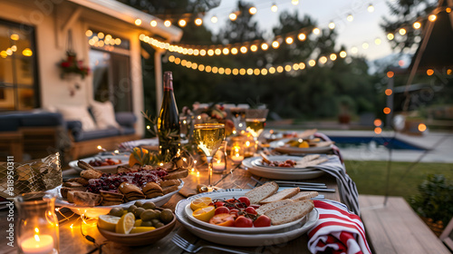 A festive table setup with traditional holiday foods  decorations  and outdoor lights for an Independence Day party.
