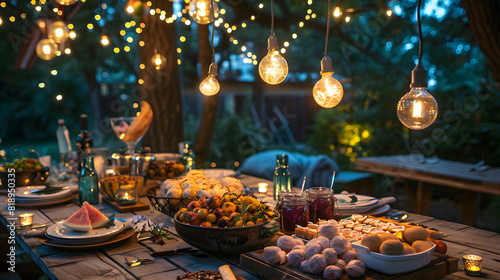 A festive table setup with traditional holiday foods, decorations, and outdoor lights for an Independence Day party. © Suchanee