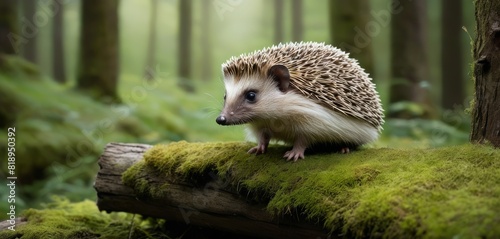 A curious hedgehog explores a mossy log in a lush green forest  embodying the spirit of nature s wonder.