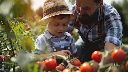 the boy and his father pick tomatoes. Selective focus photo