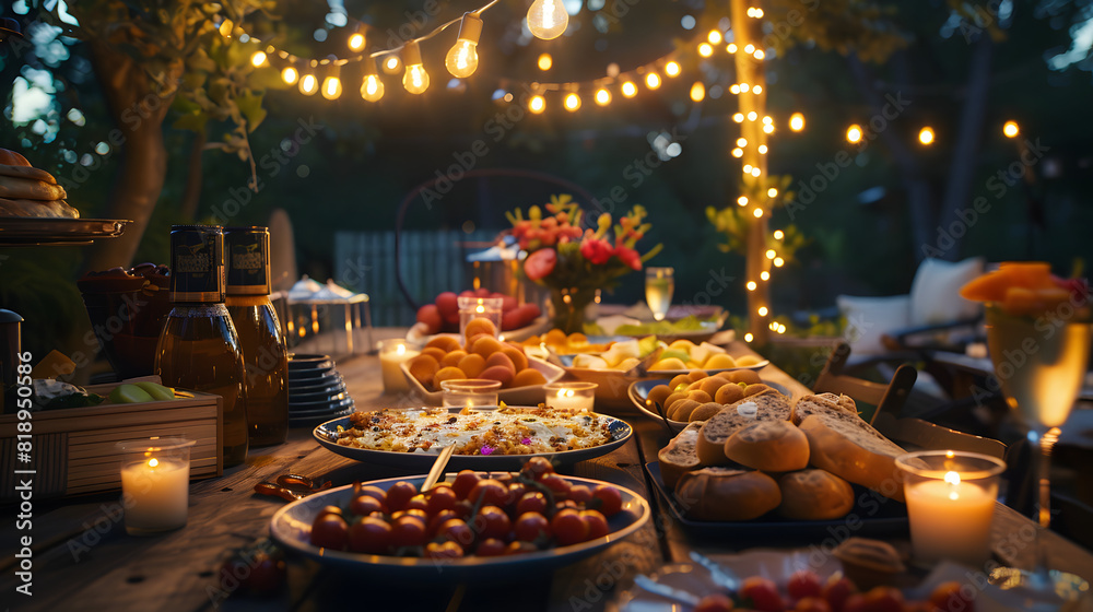 A festive table setup with traditional holiday foods, decorations, and outdoor lights for an Independence Day party.