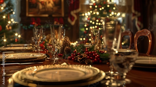 A dining table set for a festive Christmas dinner  adorned with elegant place settings and a centerpiece