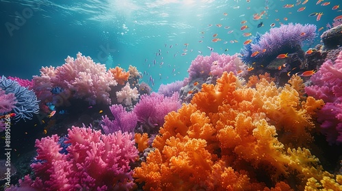A colorful coral reef with many different types of fish swimming around