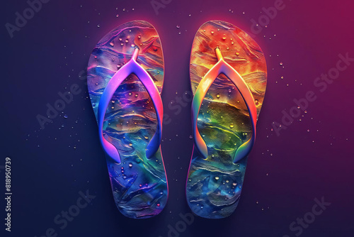 Create a photorealistic image of a pair of rainbow flip-flops with water droplets on them photo
