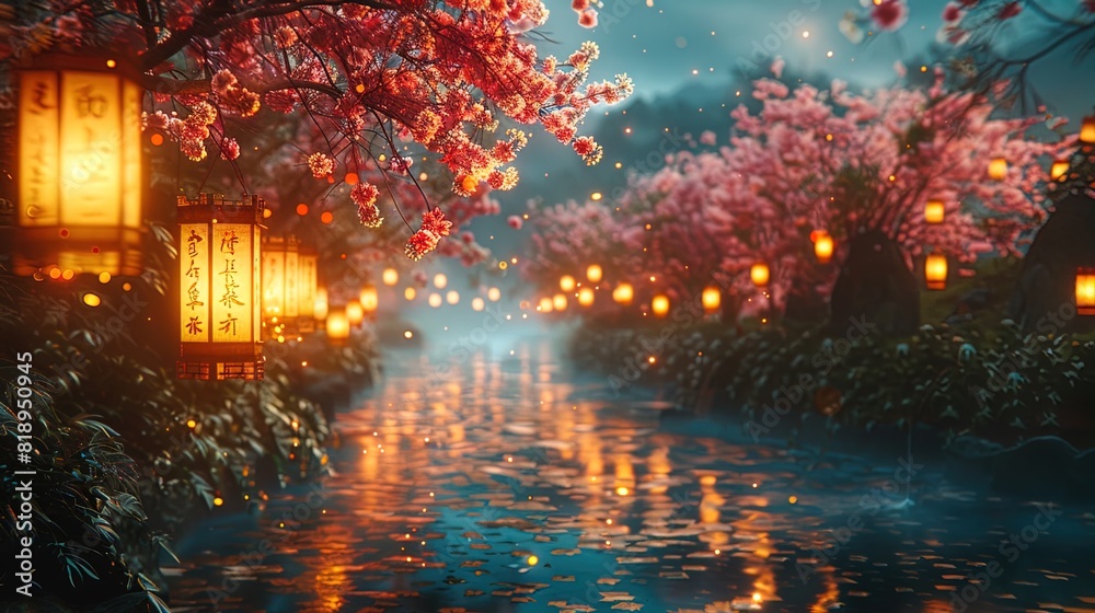 A serene scene of a river with cherry blossoms