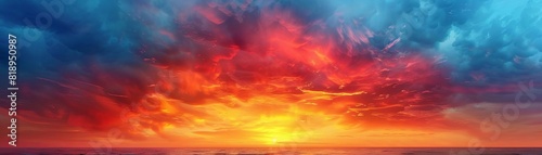 A beautiful sunset over the ocean. The sky is ablaze with color, and the water is calm and still. The scene is peaceful and serene. © enterdigital