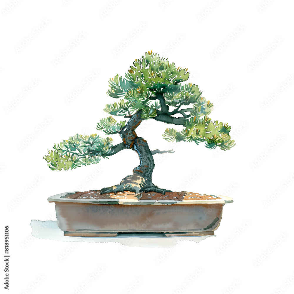 Watercolor illustration of Japanese art, pine tree bonsai on white background Watercolor illustration of Japanese art, pine tree bonsai on white background