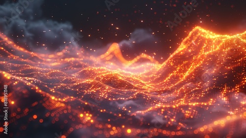 A mountain range with orange and red waves of fire
