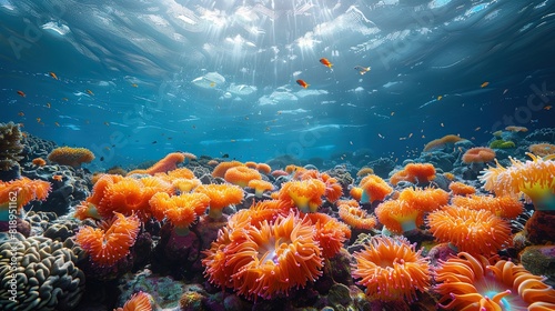 A beautiful coral reef with many orange sea anemones and fish swimming around