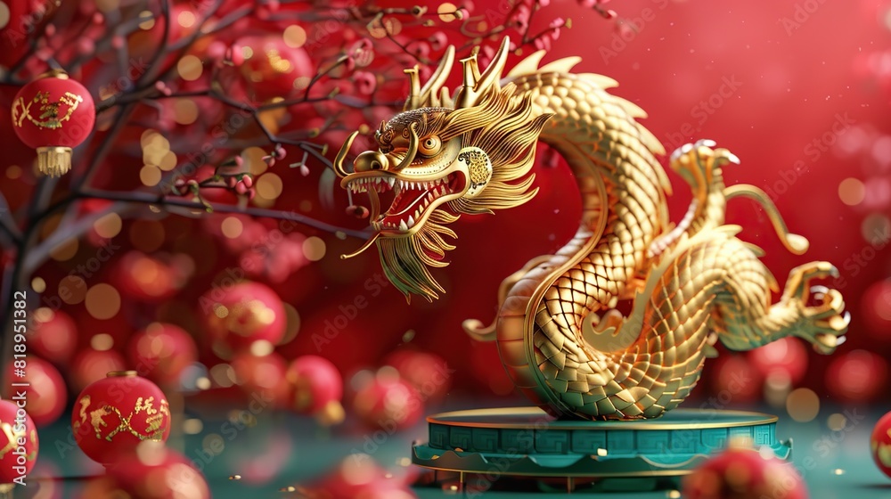 Dragon 3D chinese year gold new lunar cny podium happy background 
