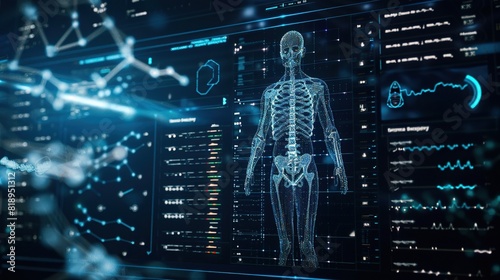 DNA medical screen hologram science hud data analysis body research background futuristic photo