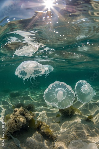 Fotografía submarina de una bando dee medusas nadando tranquilamente por aguas tropicales, snorkel en aguas cristalinas, medusas aisladas en la playa photo