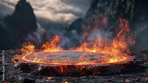 Fire lava podium rock volcano background 