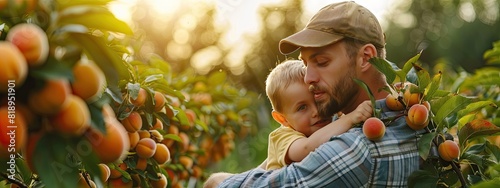 a boy with his father picks apricots. Selective focus photo