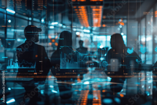 Business team in a financial meeting with multiple graphs displayed, emphasizing comprehensive analysis selective focus, thorough analysis, dynamic, Multilayer, executive office