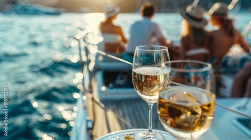 A couple of wine glasses are on a table on a boat