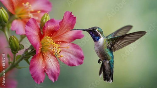 hummingbird feeding on pink tropical flower on  soft blur background, bird in wild nature © Денис Богдан