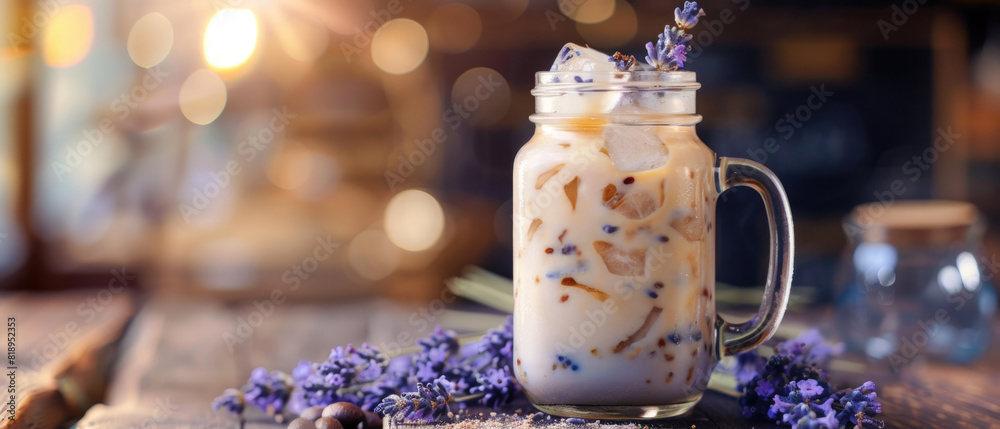 Iced lavender latte in a mason jar, emphasizing the trendy and Instagram-worthy presentation selective focus, trendy drink, dynamic, Manipulation, hip cafe