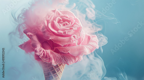delicate pink rose in white smoke on a blue background