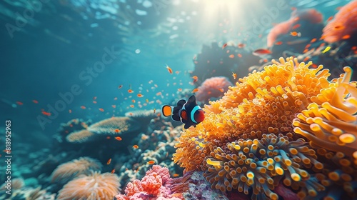   Underwater scenery showcases vibrant coral reef, playful clownfish, and serene sea anemones Sunbeams highlight the scene from above photo