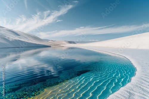 Piscina naturales entre dunas, desierto de arena blanca y lagos de agua cristalina, agua turquesa en el desierto, inundaciones en el desierto