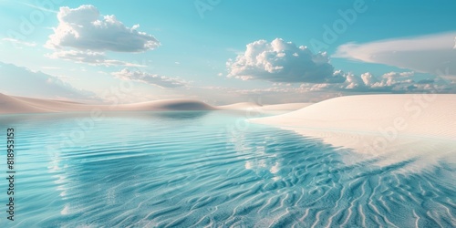 Desierto inundado, aguas cristalinas y arena blanca, fondo de pantalla paisaje minimalista y onírico Frutiger Aero