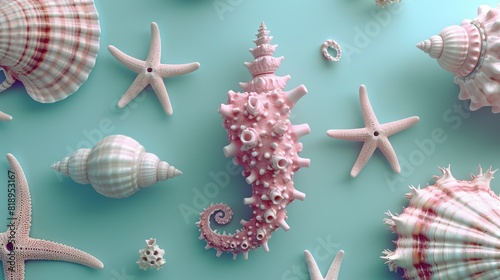   A coll of seashells & starfish on a blue bg w/ a pink seahorse in the center photo