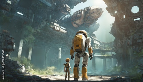 A young explorer stands beside a towering yellow robot, amidst the ruins of an advanced civilization with sunlight filtering through.. AI Generation photo