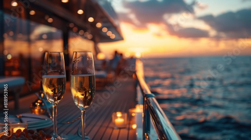 A couple of champagne glasses are on a boat deck overlooking the ocean