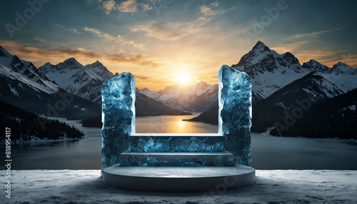 Ice podium background snow winter product platform sunset in the mountains photo