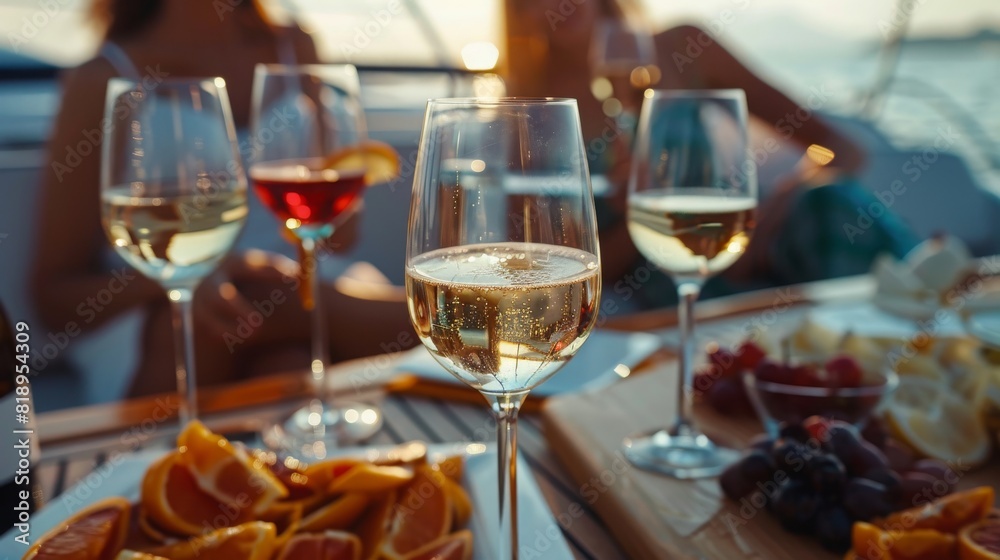 A group of people are enjoying a meal together, with wine glasses A group of people are enjoying a meal together, with wine glasses