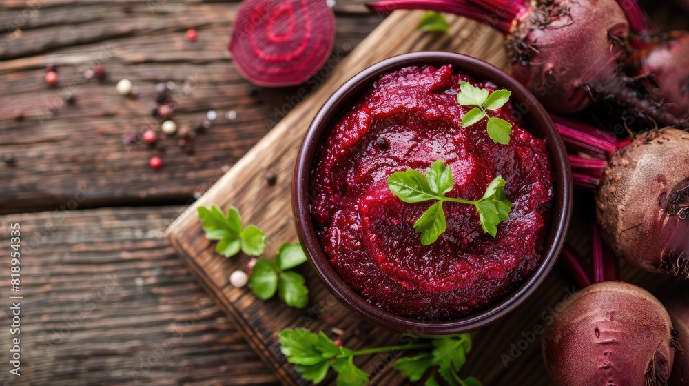 Beetroot puree on a wooden background, top view