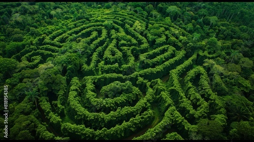 Fototapeta Naklejka Na Ścianę i Meble -  Enigmatic jungle labyrinth, vibrant greens and browns, intricate design shrouded in mystery.