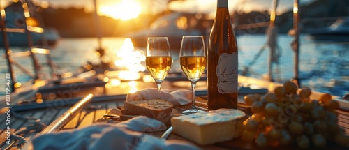 A couple is enjoying a romantic dinner on a boat with a bottle of wine photo