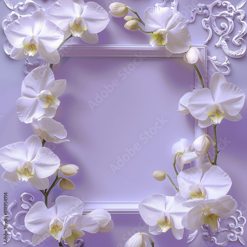 3D frame in 3D floral frame close-up  with advertising space. White orchids on a lilac background. Template for a greeting card  design for an exhibition-sale  advertising of perfumes  cosmetics  envi