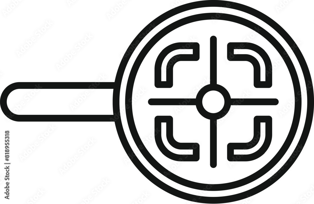 Black and white line art of a handheld metal detector, used for security and treasure hunting Black and white line art of a handheld metal detector, used for security and treasure hunting
