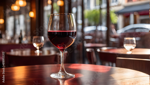a glass of wine sits on a table next to a glass of wine.