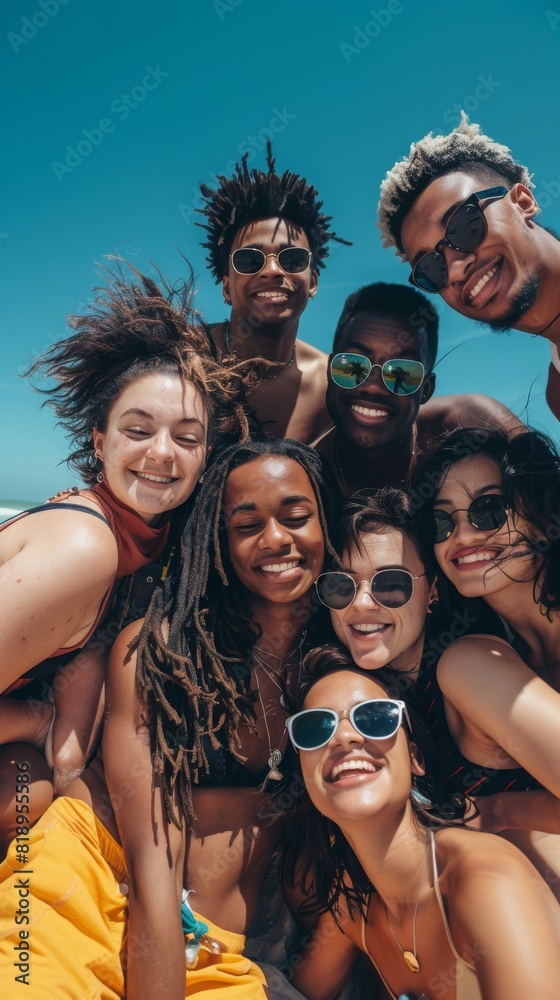 Friends in vibrant swimwear play beach games under sunny sky. Friends in vibrant swimwear play beach games under sunny sky.