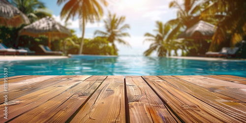 empty wooden table on blurred summer resort background