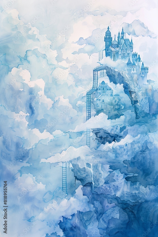 Whimsical watercolor airy castle floats in sky, ladder of clouds leads to it. Light blue and cobalt hues.