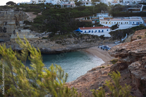 Benagil Beach (Praia de Benagil) is a magnificent beach east of Carvoeiro. Sunset. Sunny day.