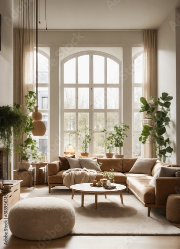 Salon contemporain avec grandes fenêtres et décoration végétale © ASTRONAUT