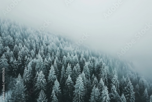 Snow falls gently on thick mountain forest creating a peaceful winter landscape.