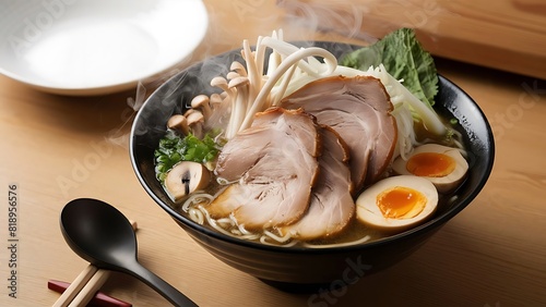 A mouthwatering, close-up food photograph of a steaming bowl of ramen photo