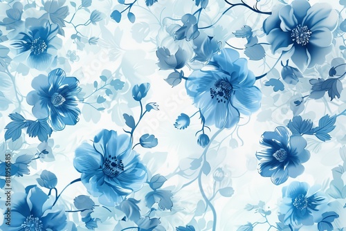 Pastel retro floral wallpaper in light blue and cobalt  exuding nostalgic charm and romantic elegance.