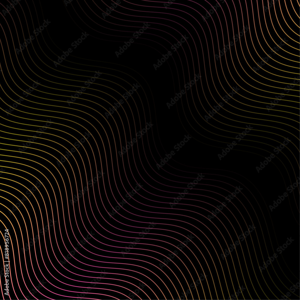 Abstract background with waves. Vector banner with lines. Background for music album, poster, card, advertisement. Geometric element for design isolated on black. Pink and yellow gradient. Night, dark