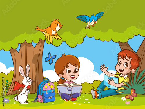 cute children reading books in the park.education concept vector illustration © serkan