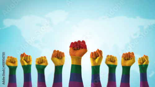 LGBT pride month with rainbow flag pattern on LGBTQ+, LGBTQIA, gay, lesbian people hands isolated on world blue sky background for International day against homophobia and transphobia