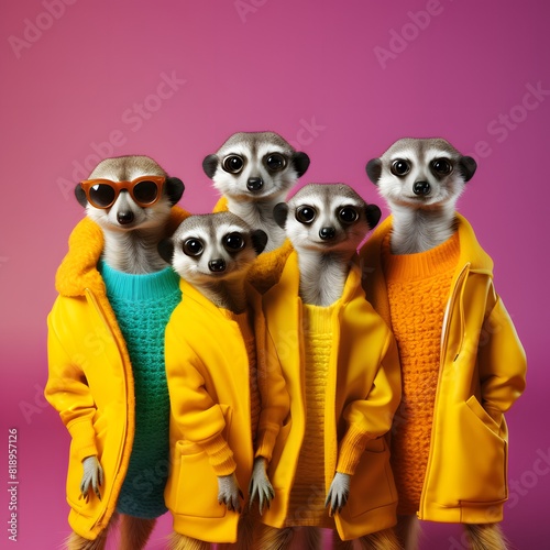 A group of meerkats wearing sunglasses and hoodies. Generative AI.