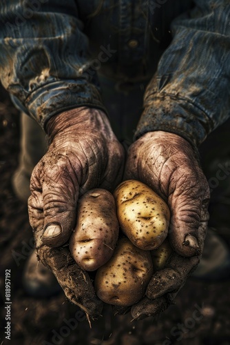 the farmer holds potatoes in his hands. Selective focus